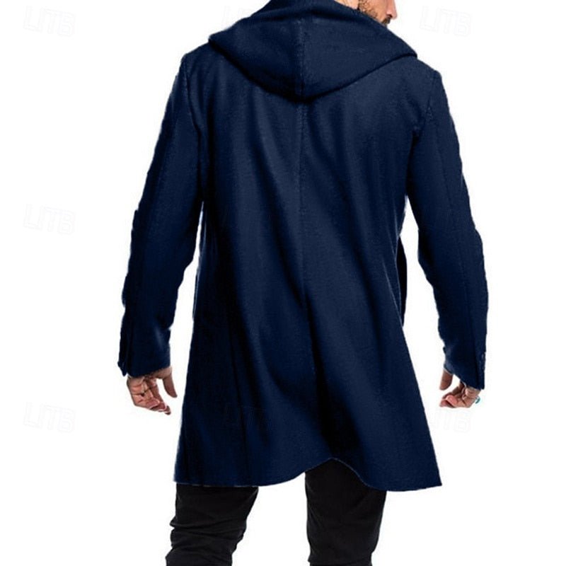 Men's longline trench coat with toggle fastenings, hood and flap pockets