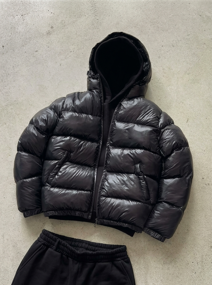 Men's hooded quilted puffer jacket with zip front and pockets