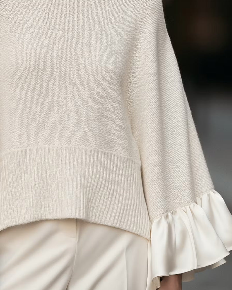 Women's beige turtleneck jumper with long sleeves and layered ruffle cuffs