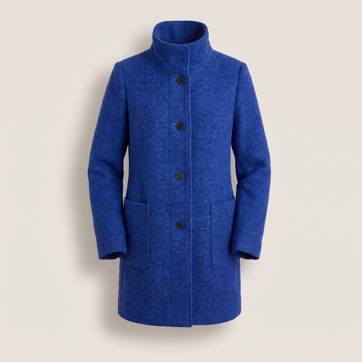 Women's longline coat with raised collar, button front and patch pockets