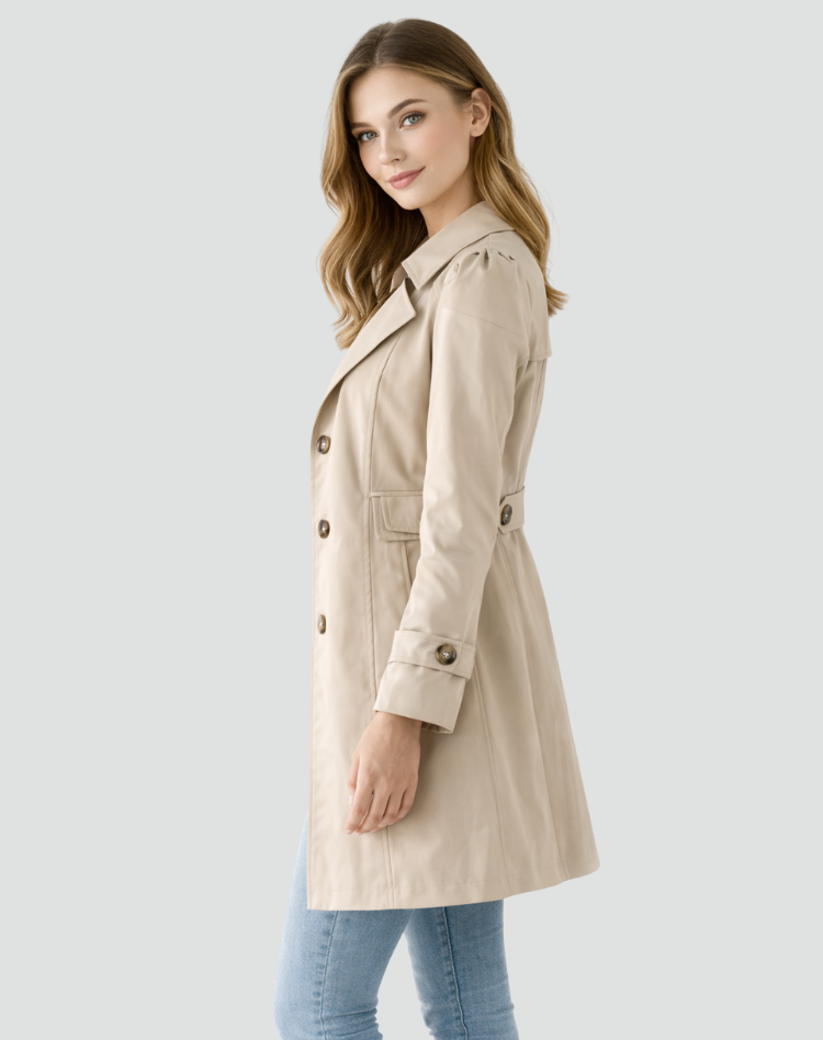 Women's slim fit trench coat with notched lapels, buttons and flap pockets