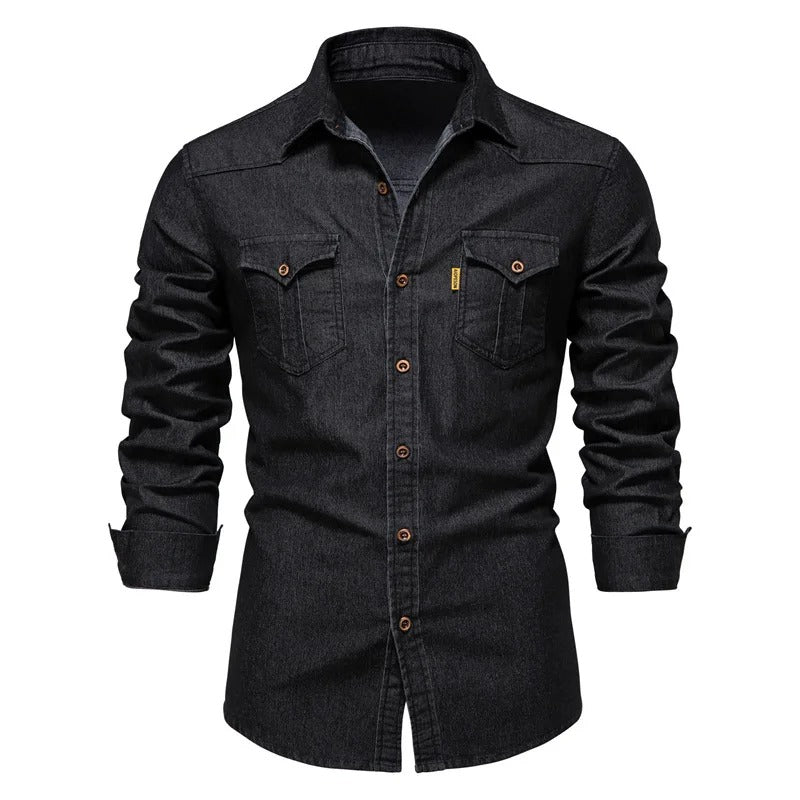 Men's Denim Shirt Western Dual Chest Pockets Long Sleeve - Black