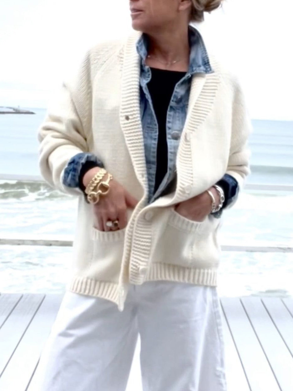 Women's cream cardigan with navy lobster motif, shawl collar and front pockets
