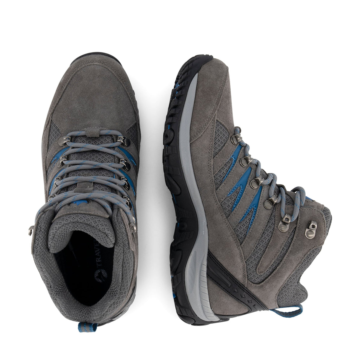Grey lace-up hiking boots with blue detailing and black treaded soles