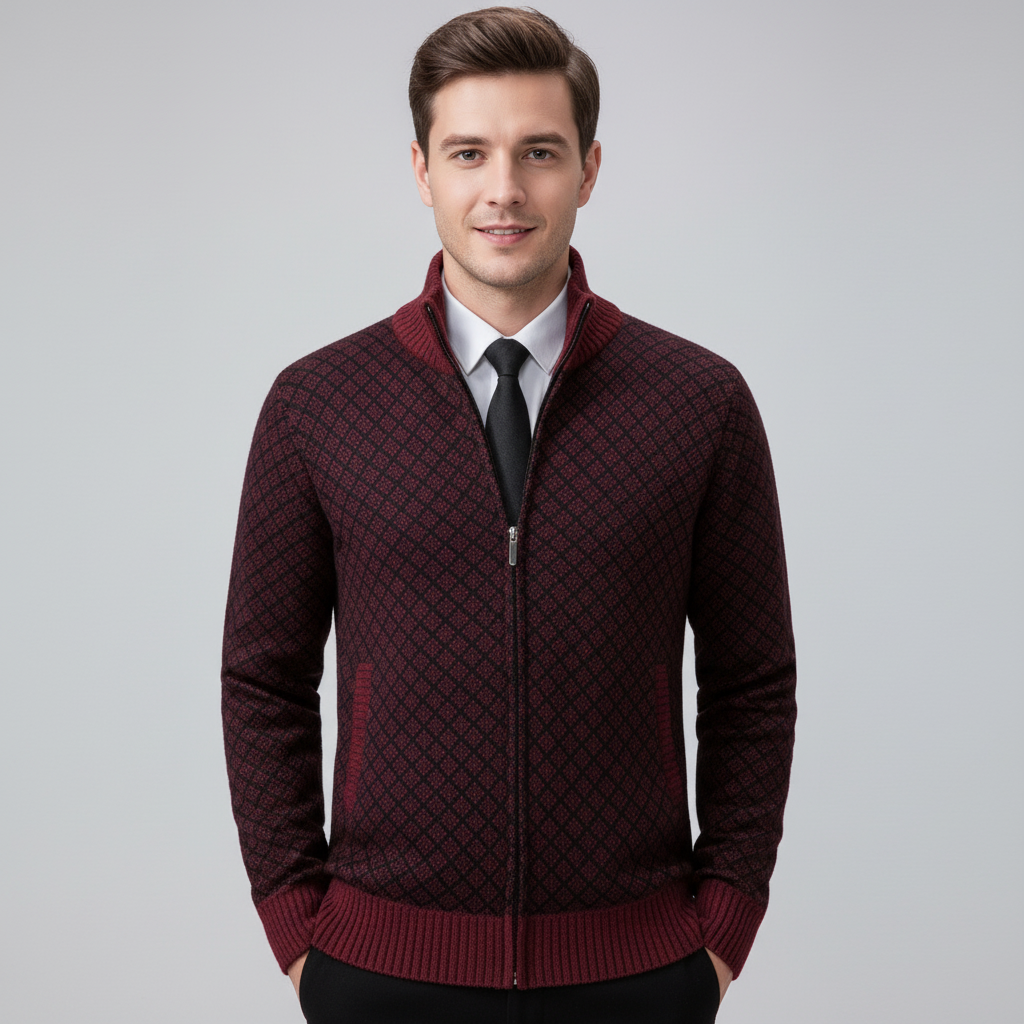 Men's geometric diamond pattern cardigan with mock neck and front zip