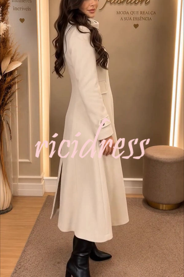 Women's beige flared midi coat with high collar, buttons and flap pockets