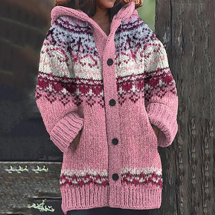 Women's multicolour hooded Nordic pattern knit cardigan with buttons and pockets