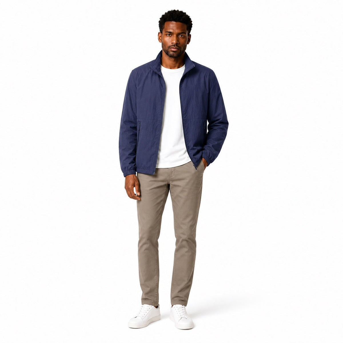 Men's plain lightweight windbreaker jacket with stand collar and zipped pockets