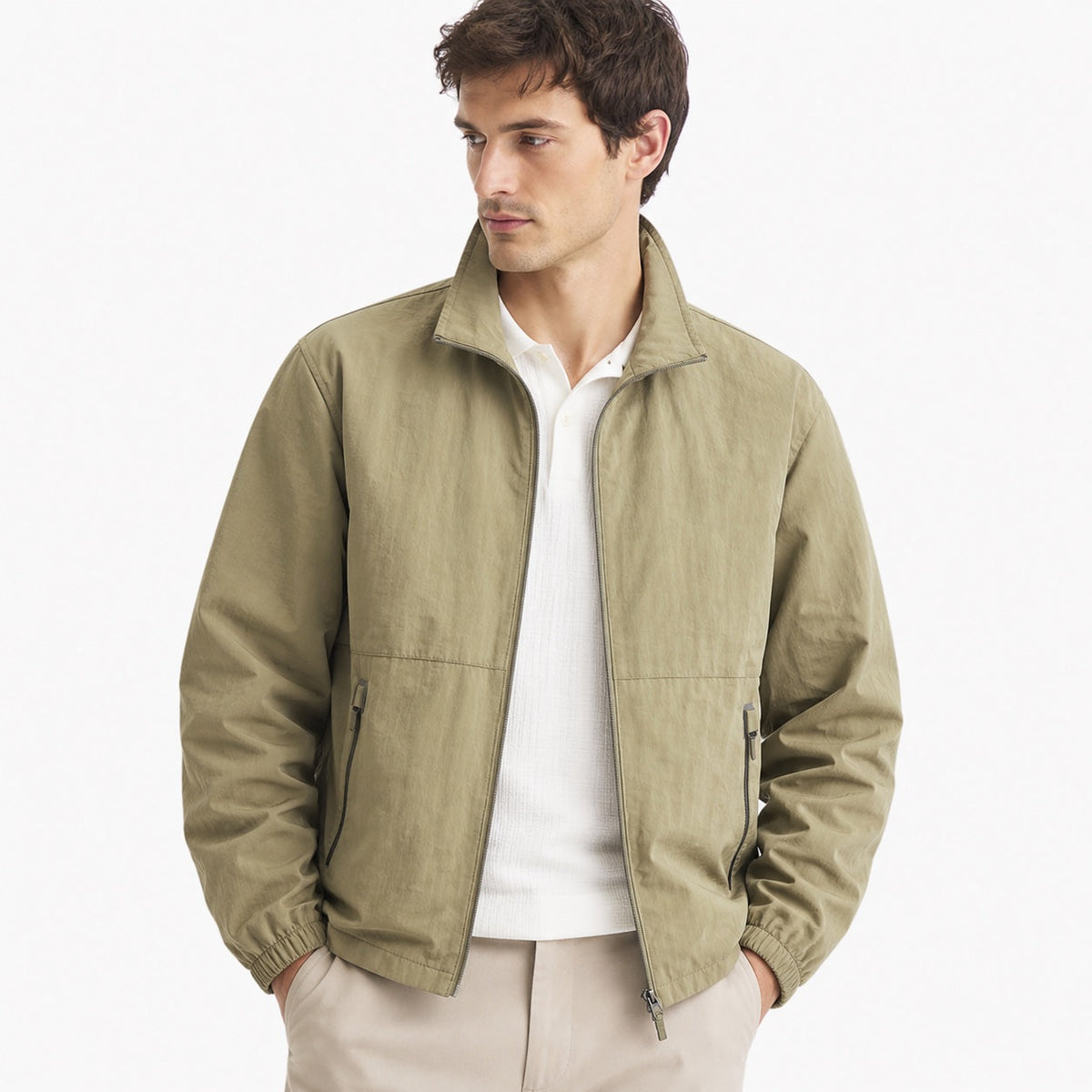 Men's plain lightweight windbreaker jacket with stand collar and zipped pockets