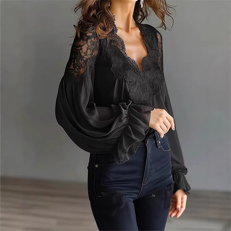 Women’s Lace Ruffle Blouse | Puff Sleeve V-Neck Top