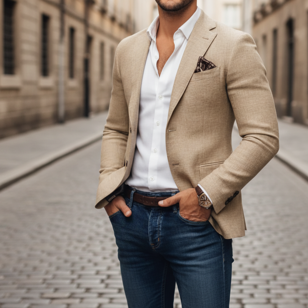 Men's slim-fit woven blazer with notch lapels and single-button fastening