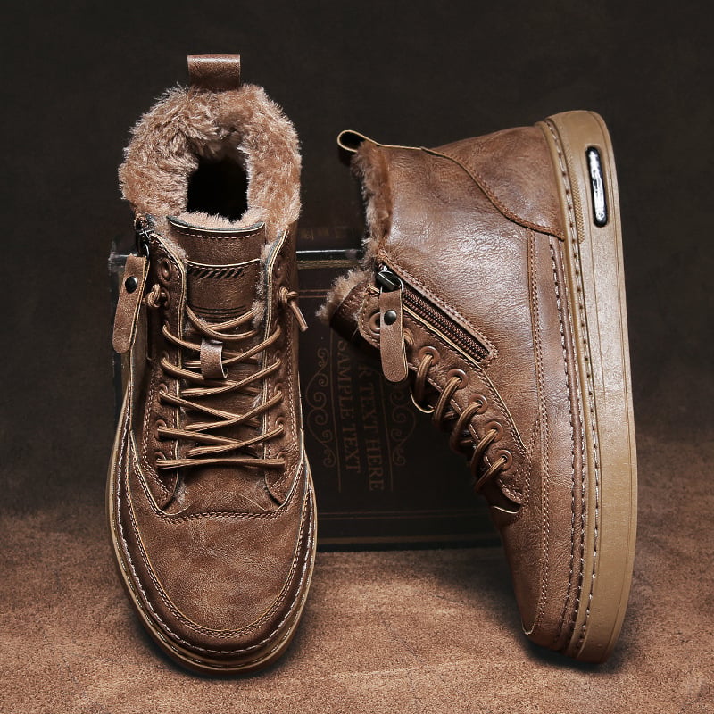Men's lace-up fur-lined ankle boots with round toes and side zips