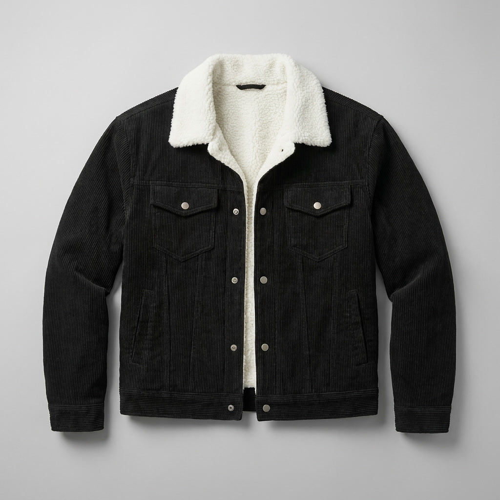 Men's corduroy jacket with contrasting sherpa-style collar, button front and multiple pockets