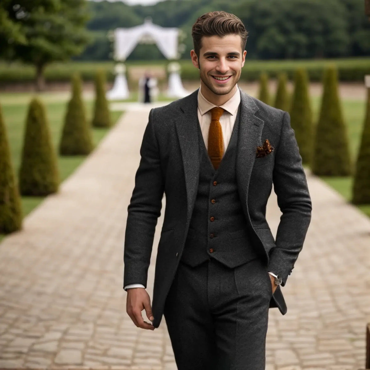 Men's three-piece textured suit with notch lapels, waistcoat and matching trousers