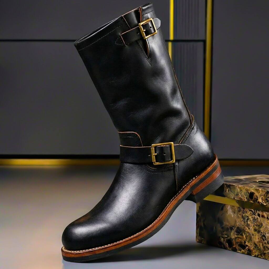 Men's tall boots with rounded toes, low heels and buckle straps