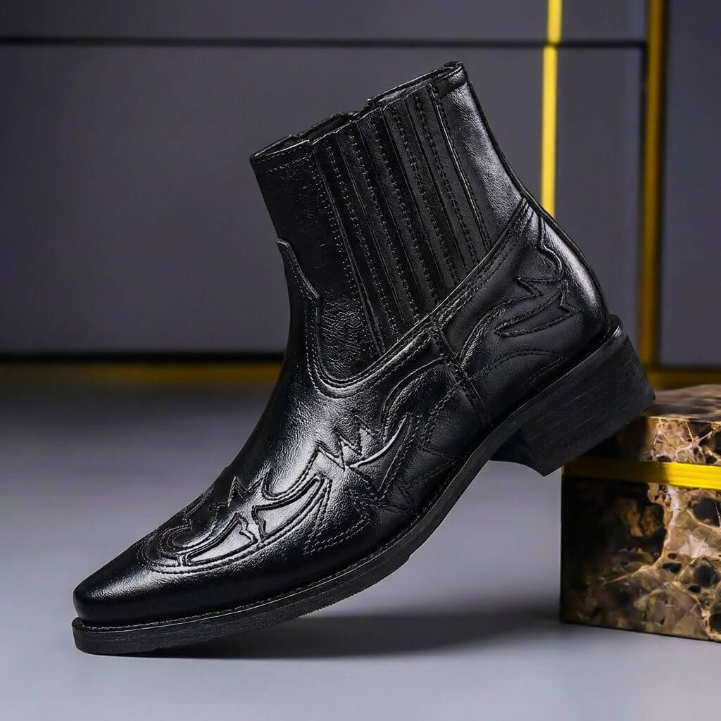 Men's pointed toe cowboy boots with decorative stitched detailing
