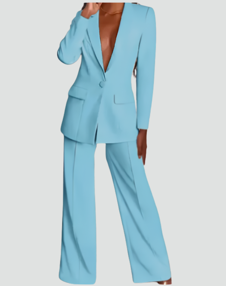Women's two-piece blazer and straight-leg trouser suit with notched lapels and flap pockets