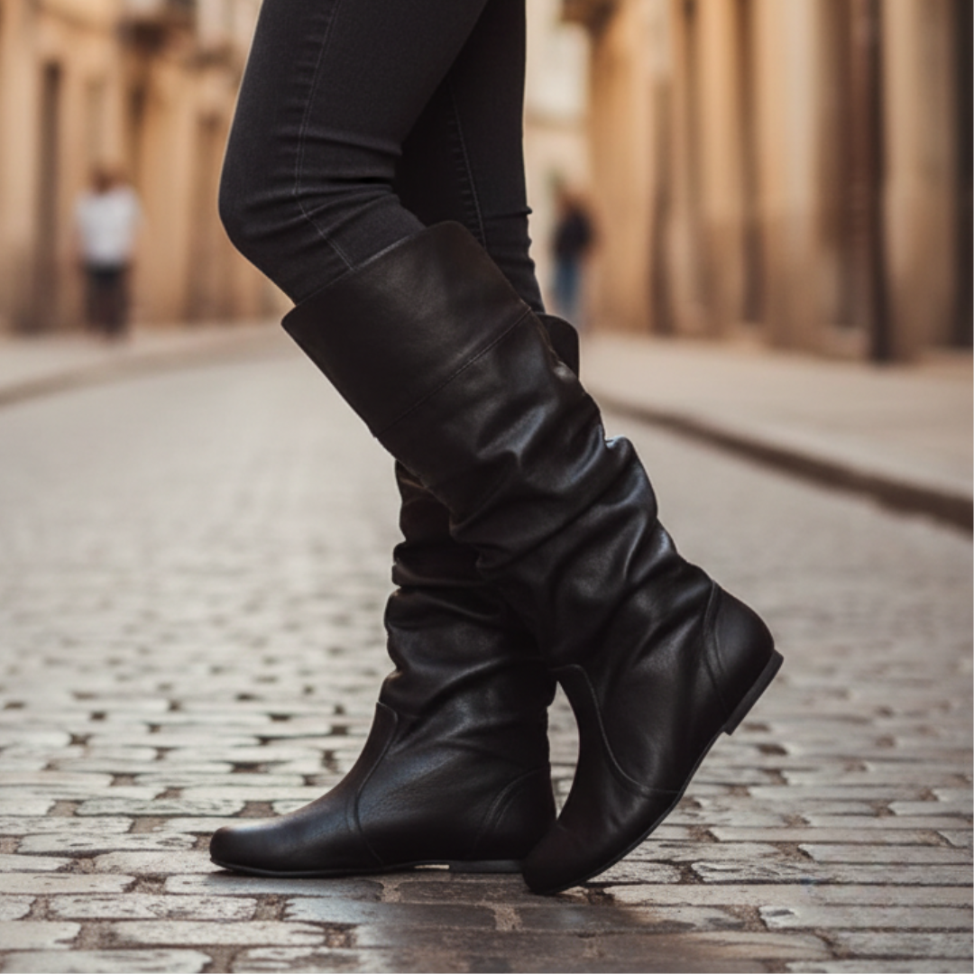 Women's slouch knee-high boots with almond toes and low heels