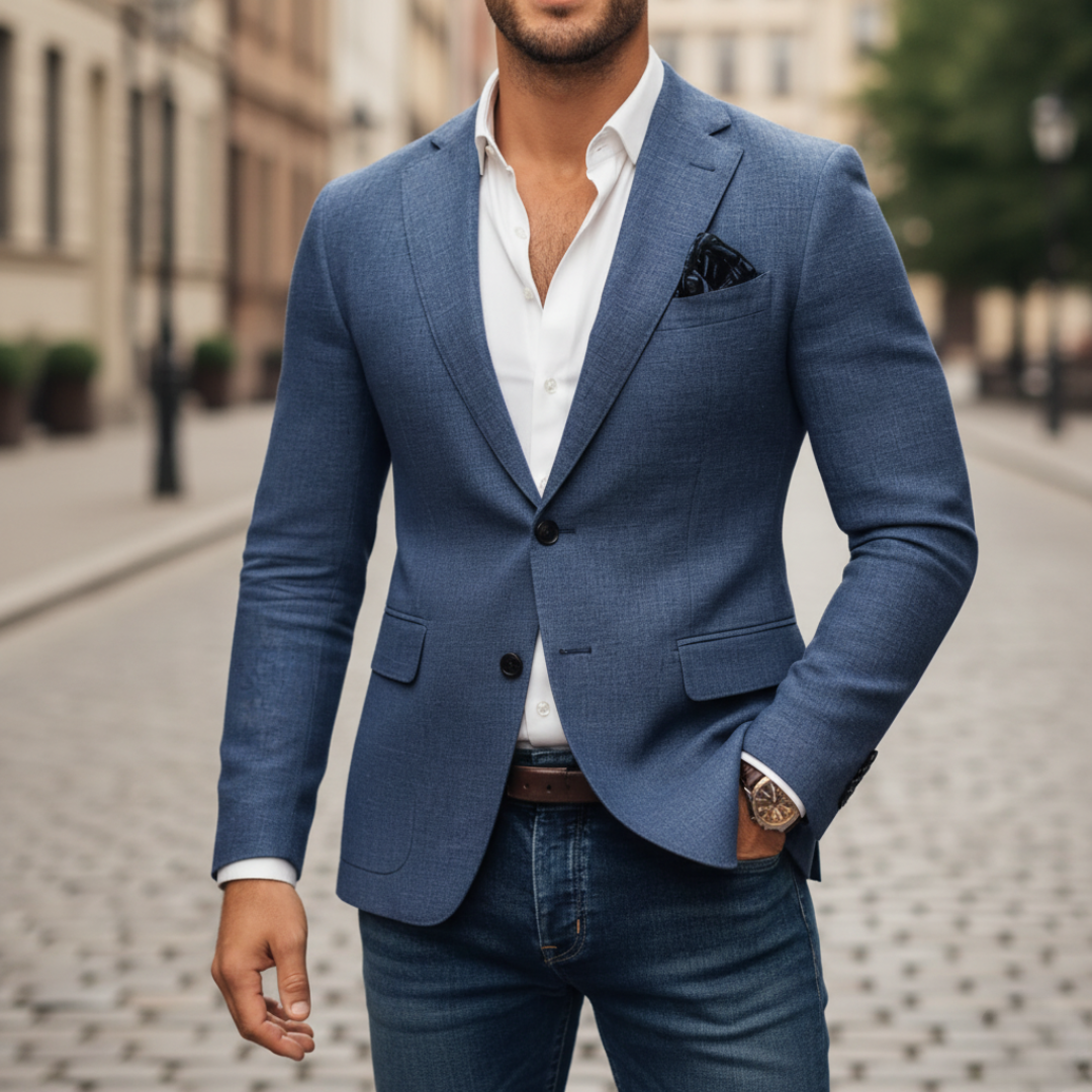 Men's slim-fit woven blazer with notch lapels and single-button fastening
