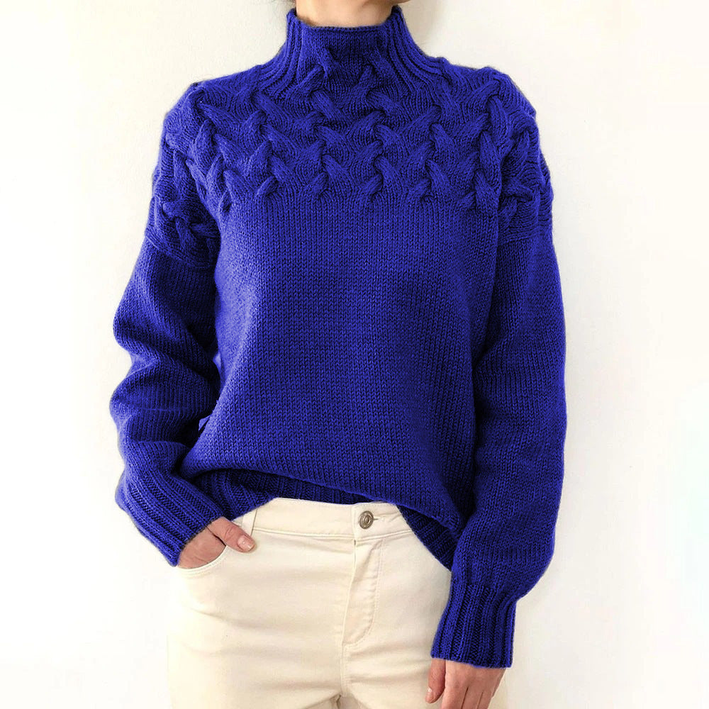 Women's cable-knit turtleneck sweater with long sleeves and ribbed trims