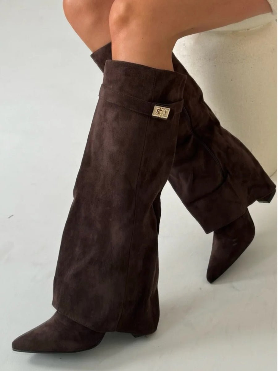 Women's over-the-knee suede boots with pointed toes, block heels, side zips and cuff trim