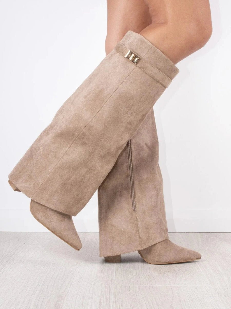 Women's over-the-knee suede boots with pointed toes, block heels, side zips and cuff trim