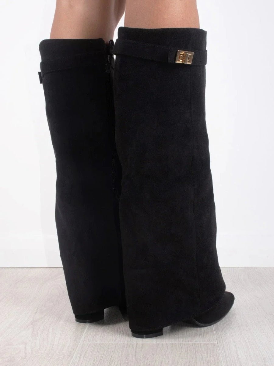 Women's over-the-knee suede boots with pointed toes, block heels, side zips and cuff trim