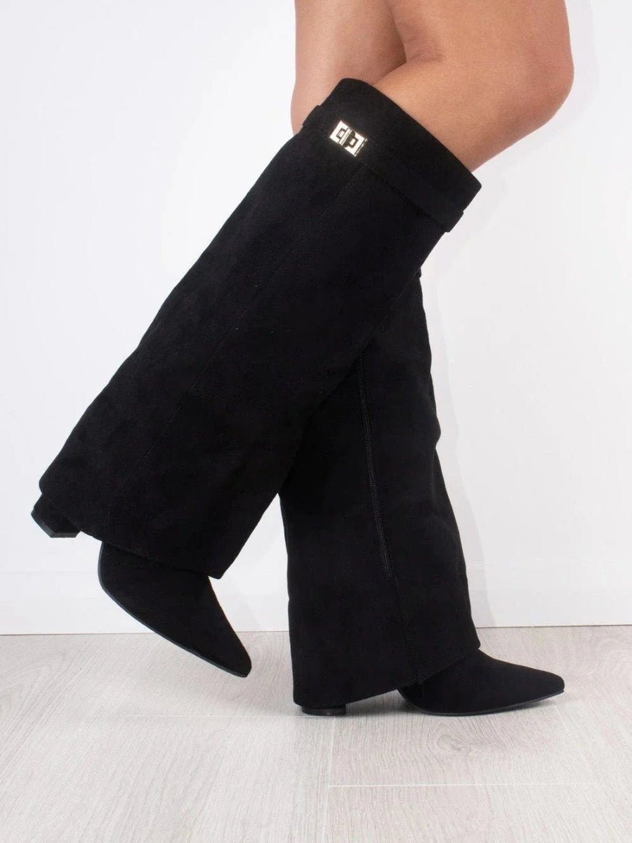 Women's over-the-knee suede boots with pointed toes, block heels, side zips and cuff trim