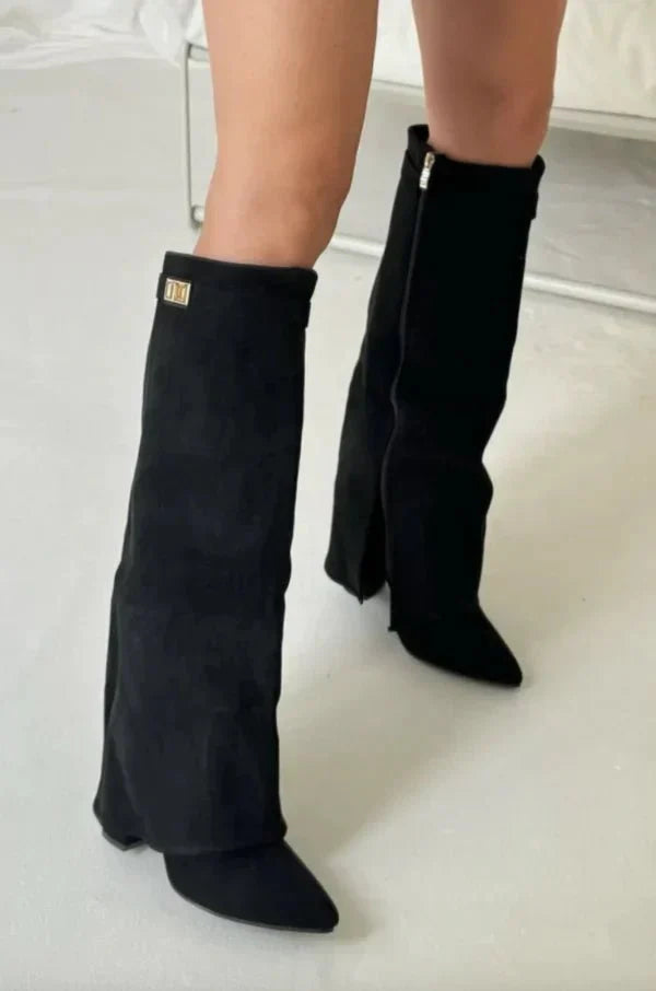 Women's knee-high pointed-toe boots with block heels and buckle details