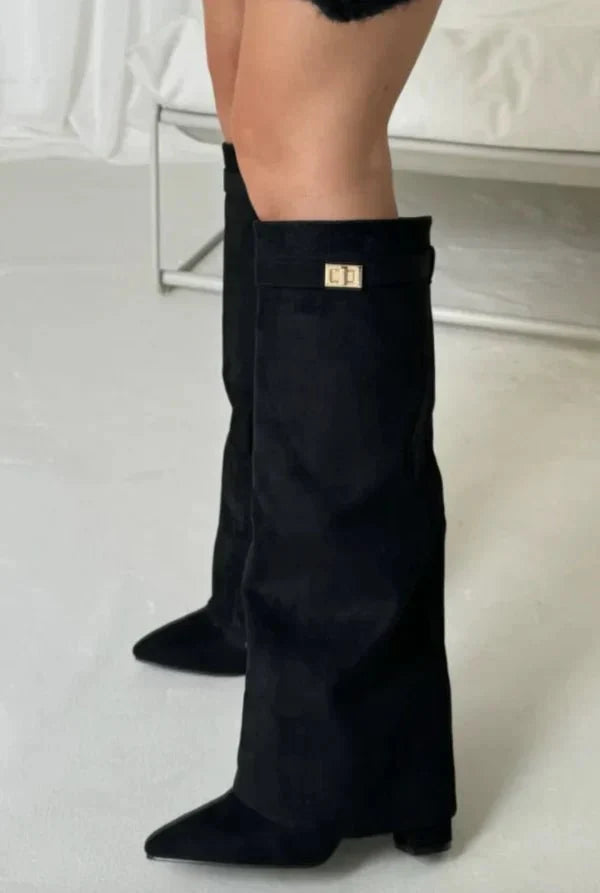 Women's knee-high pointed-toe boots with block heels and buckle details