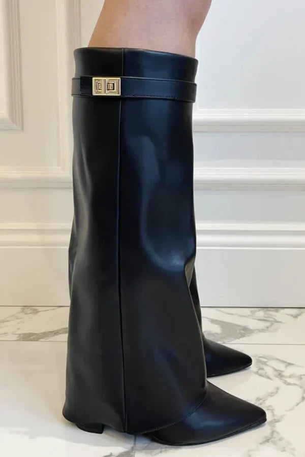 Women's knee-high pointed-toe boots with block heels and buckle details