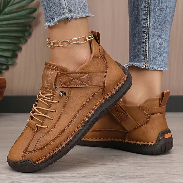 Women's Leather Sneakers Lace-Up Stitch Detail - Brown
