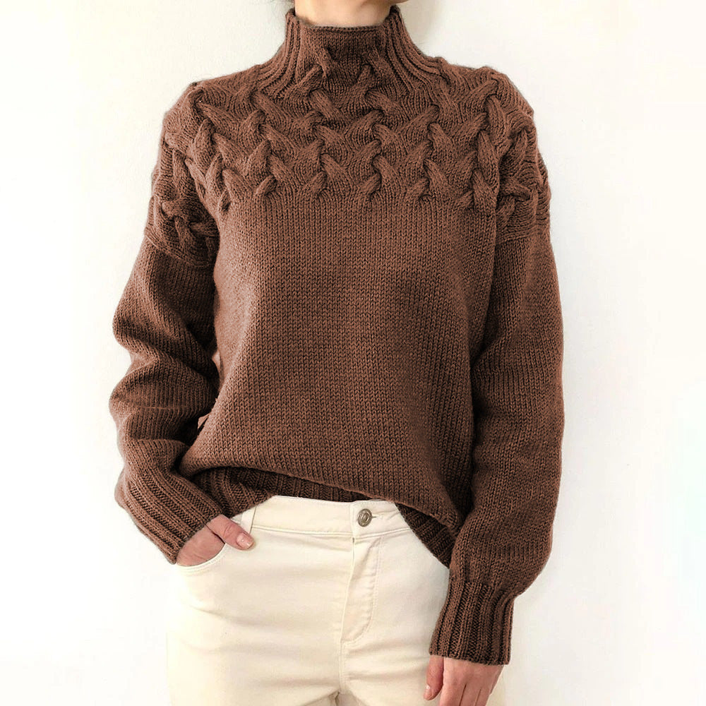 Women's cable-knit turtleneck sweater with long sleeves and ribbed trims