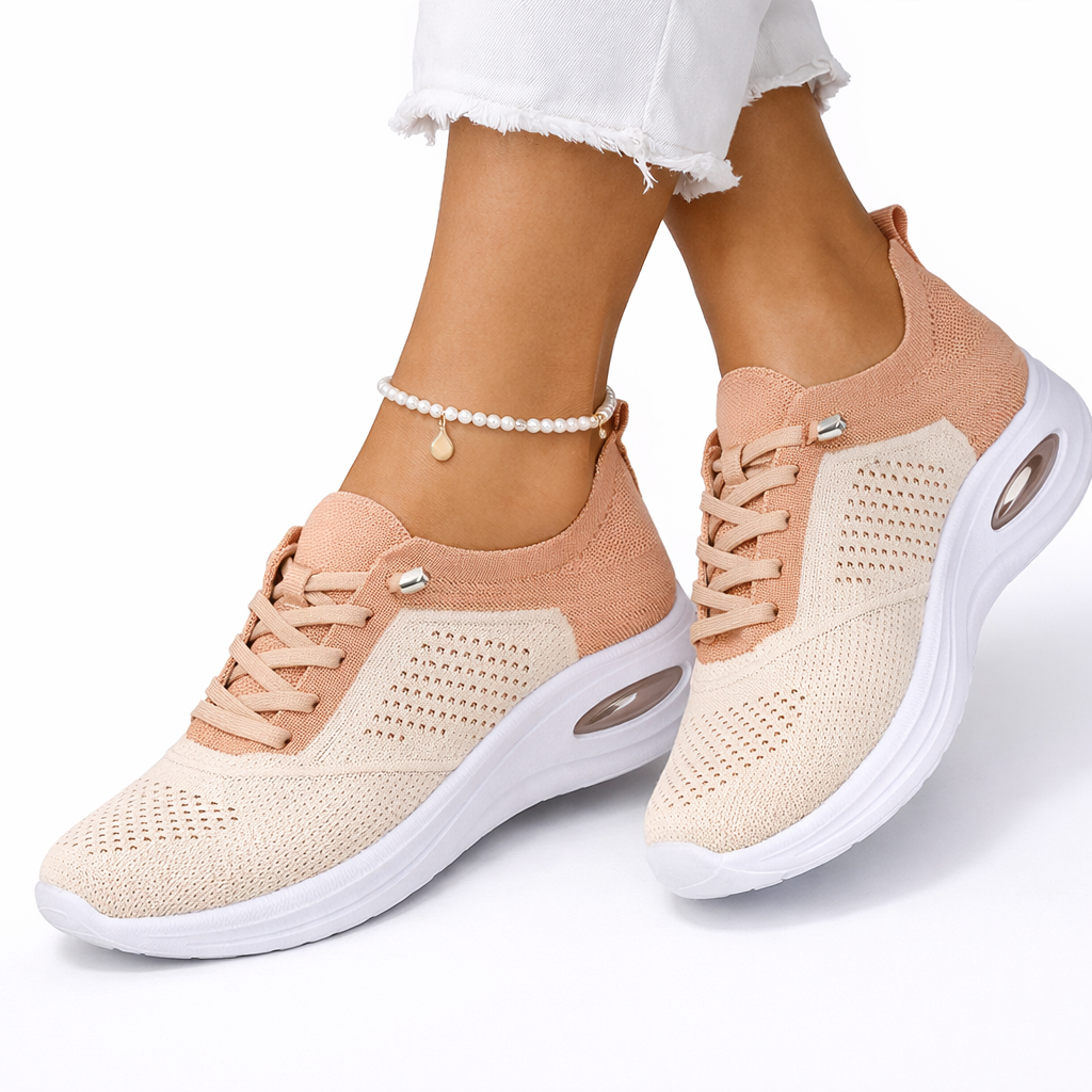 Women's Knit Trainers Air-Cushion Sole Lace-Up - Beige