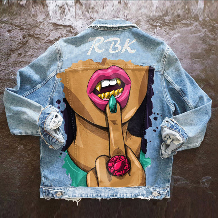 Unisex graphic denim jacket with illustrated back artwork and long sleeves