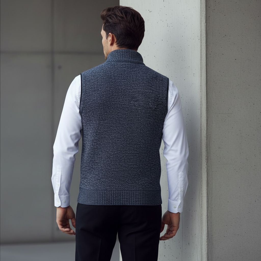Men's knitted sleeveless business vest with mock neck and front zip