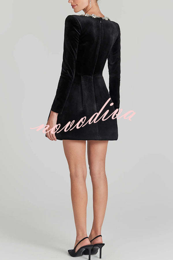 Women's velvet mini dress with square neckline, long sleeves and floral jewel trim