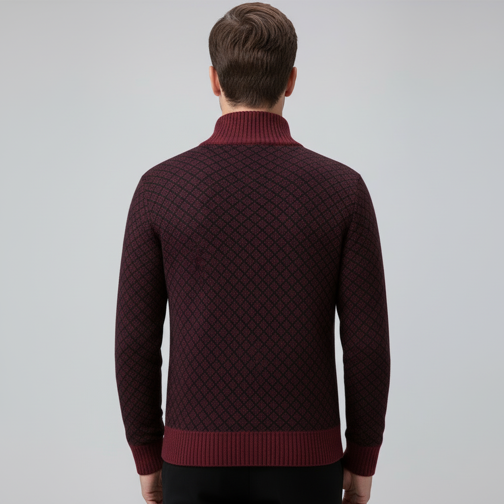 Men's geometric diamond pattern cardigan with mock neck and front zip