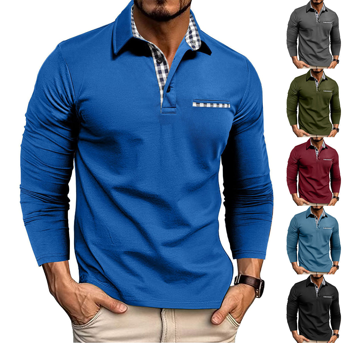 Men's long sleeve polo shirt with checked collar and chest detail