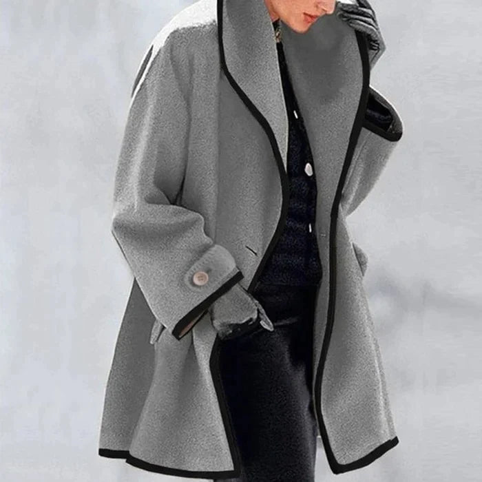 Women's contrast trim coat with wide lapel collar and long sleeves