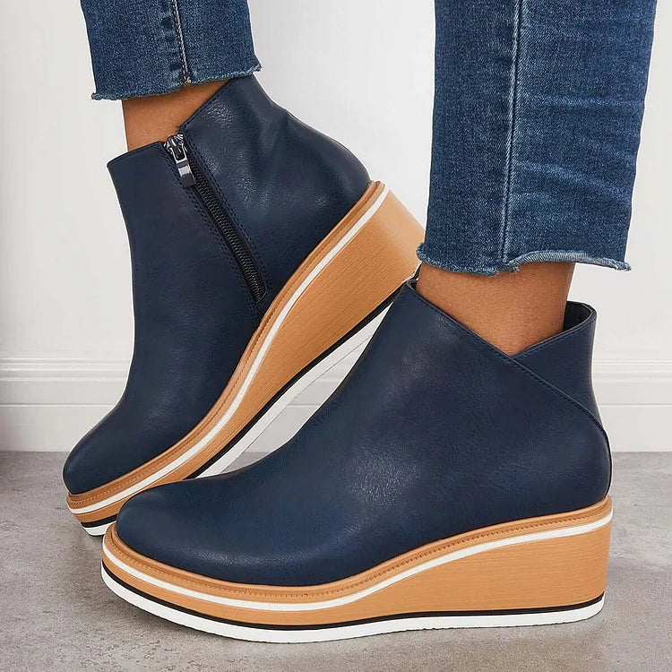 Women's ankle boots with side zip, rounded toe and high wedge platform