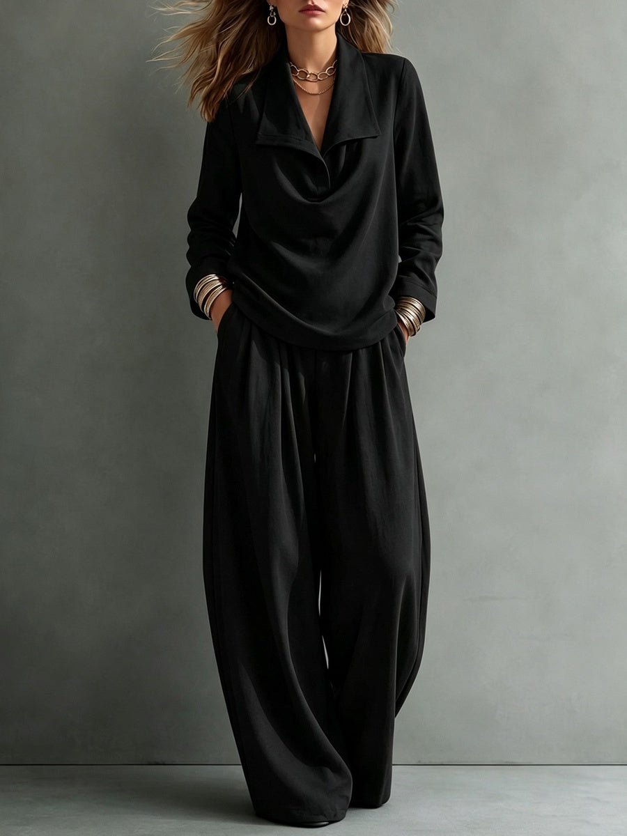 Women's lapel two-piece outfit with long-sleeve top and wide-leg trousers