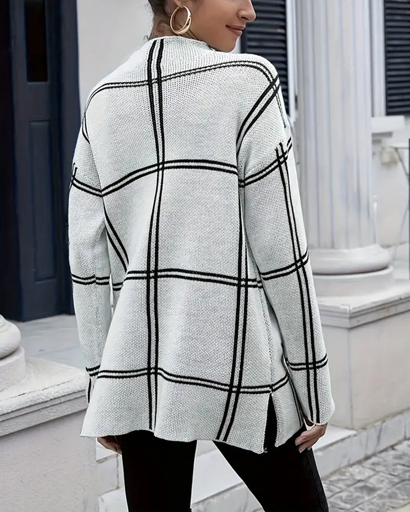Women's white checkered mock neck jumper with long sleeves and side splits