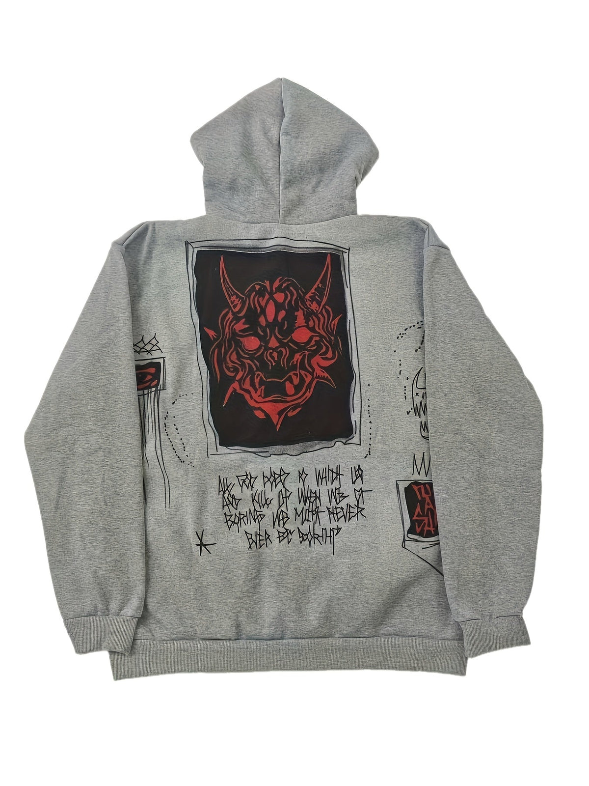 Men's grey zip-up hoodie with hood and graphic front panels