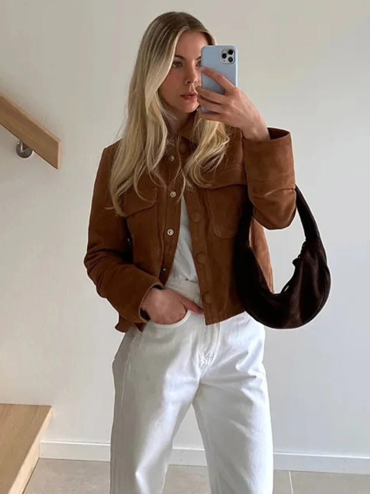 Women's Suede Jacket Cropped Button-Front Chest Pockets - Brown