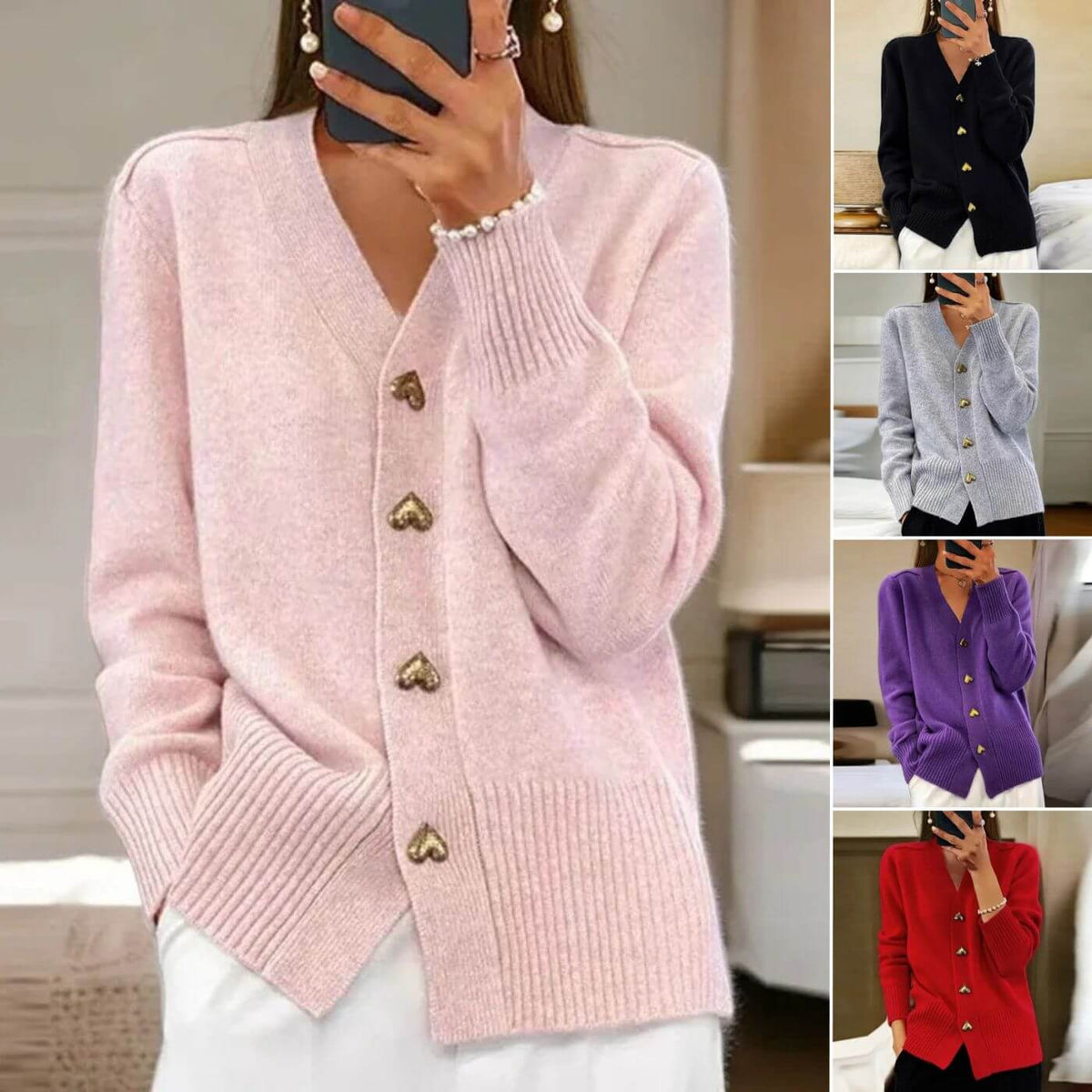 Women's V-neck cardigan with heart-shaped buttons, long sleeves and front pockets