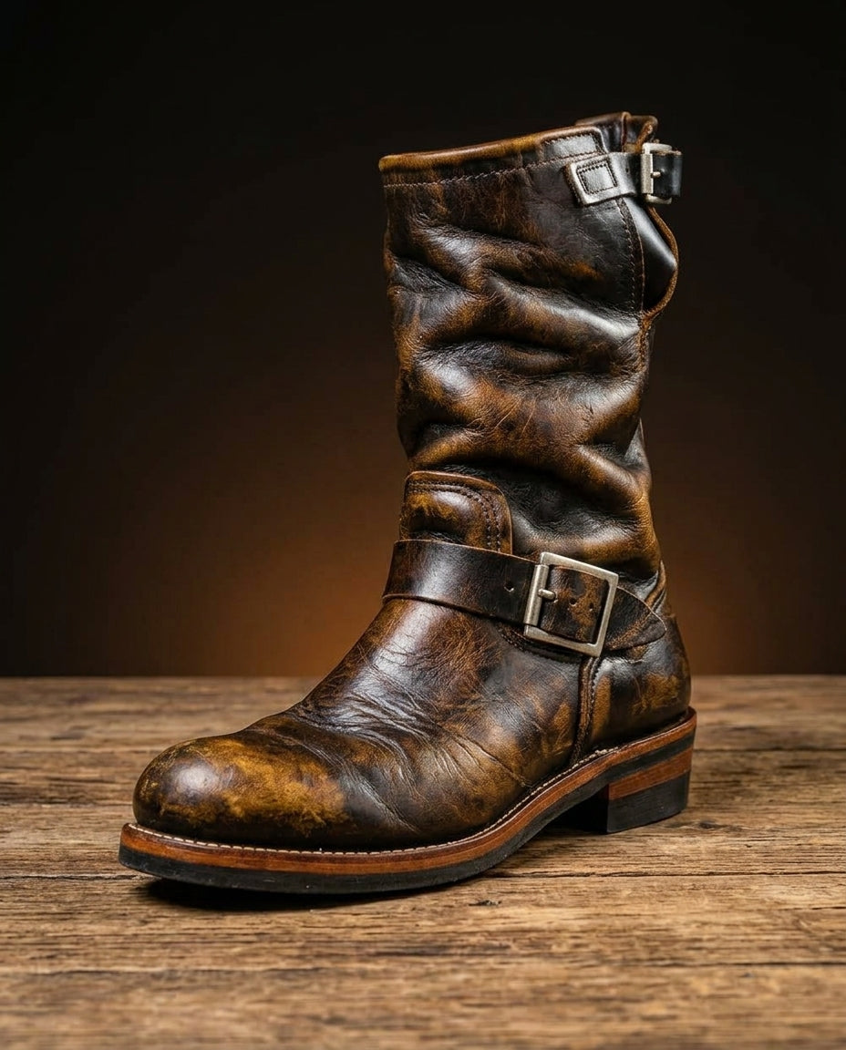 Unisex vintage engineer boots with buckle straps and round toes