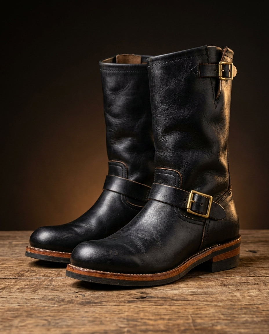 Unisex vintage engineer boots with buckle straps and round toes