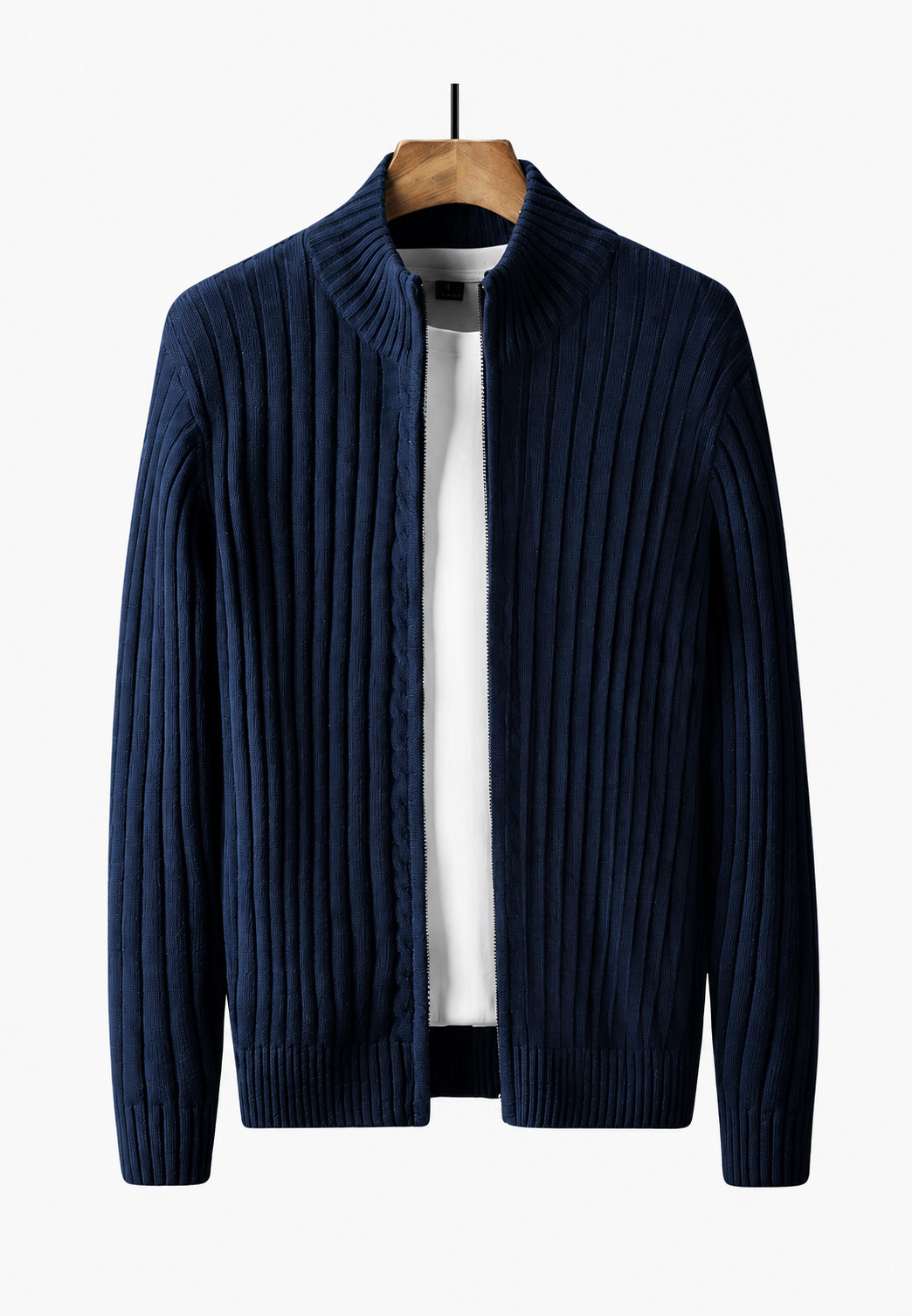 Men's ribbed full-zip cardigan with stand collar and long sleeves