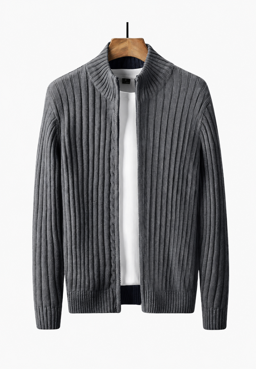 Men's ribbed full-zip cardigan with stand collar and long sleeves